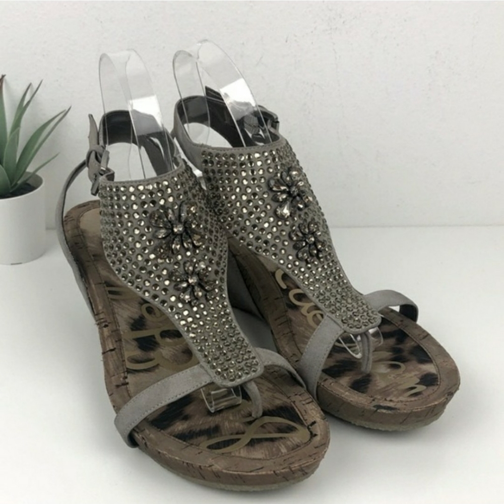 Sam Edelman Neva Gray Suede Flower Bead Jeweled Cork Wedge Sandals Size 9M